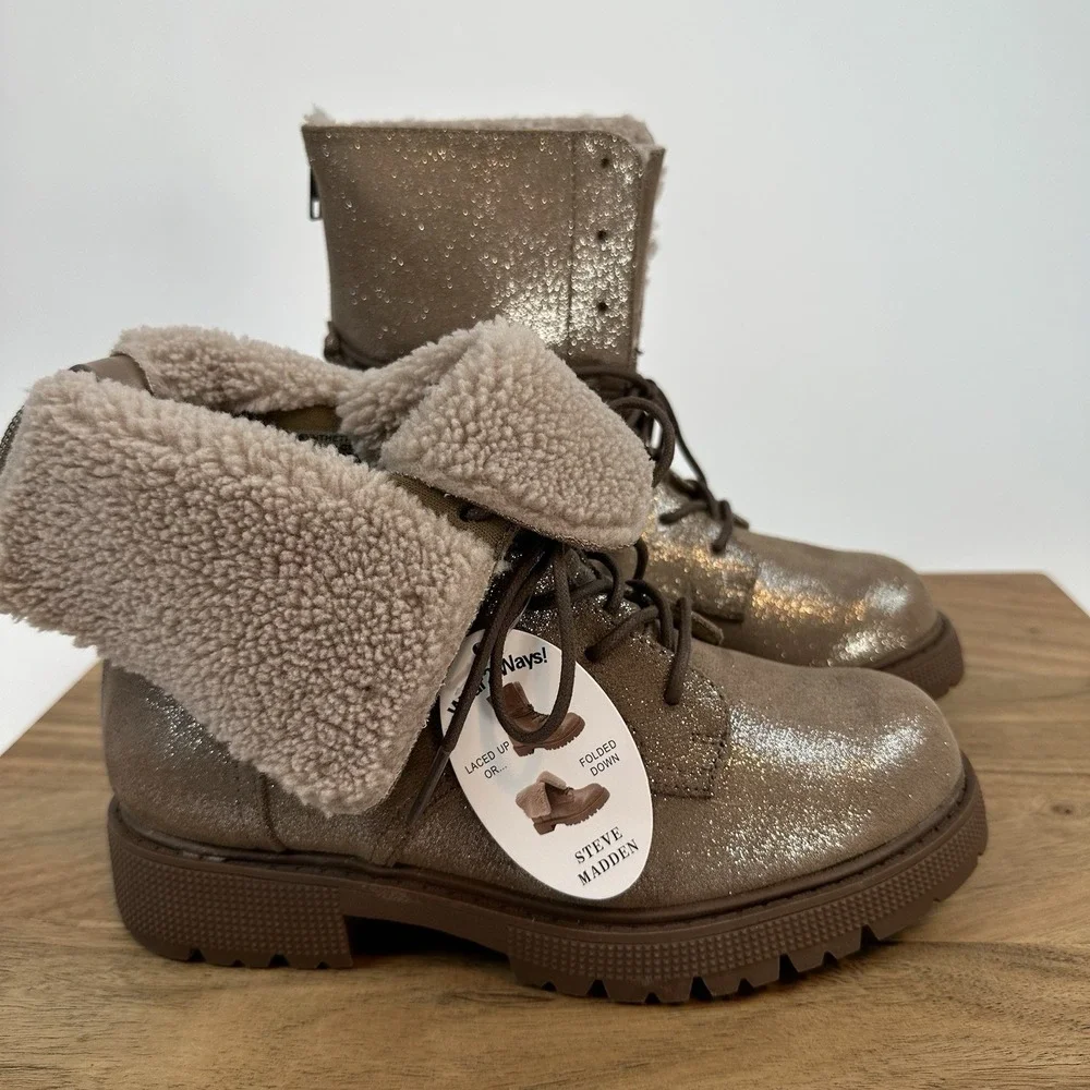 New Big Kids Steve Madden Taupe GUNNER Ankle Combat Winter boot Fur Size 3